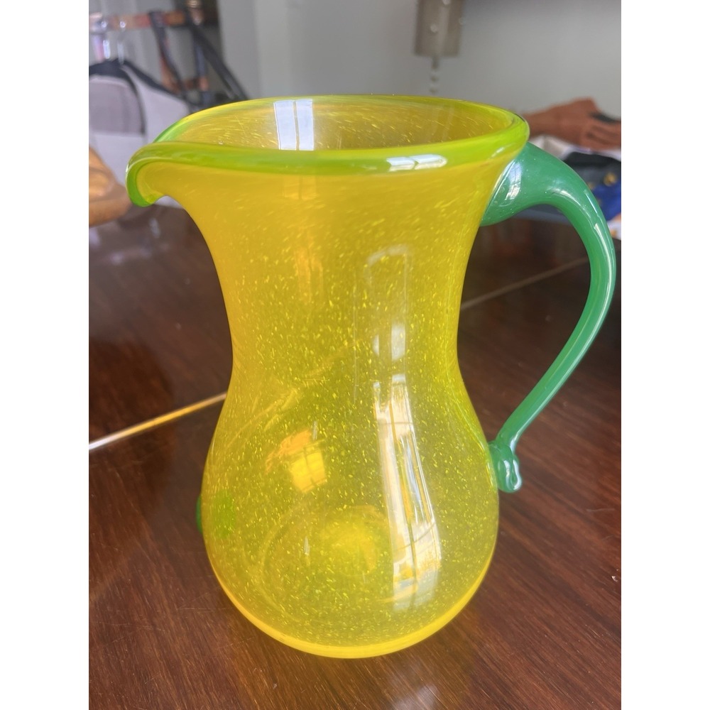 Vintage Blenko Style Yellow And Green Glass Pitcher Hand Blown Art Deco MCM